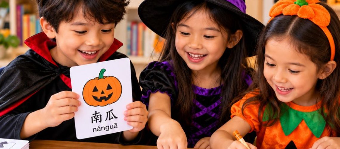 Easy Halloween Chinese activities for kids: vocabulary, flashcard games, character writing, coloring, crafts, and a simple lesson plan.