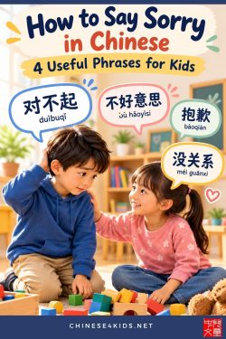 Learn how to say sorry in Chinese with 4 useful Mandarin phrases, pinyin, examples, short dialogues, and fun activities for kids.