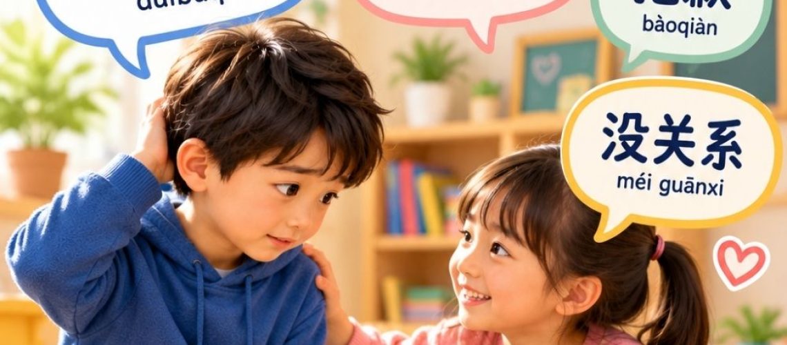 Learn how to say sorry in Chinese with 4 useful Mandarin phrases, pinyin, examples, short dialogues, and fun activities for kids.