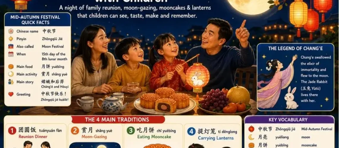 Discover what Chinese families do on Mid-Autumn Festival night — reunion dinner, mooncakes, lanterns, and phrases to say in Chinese.