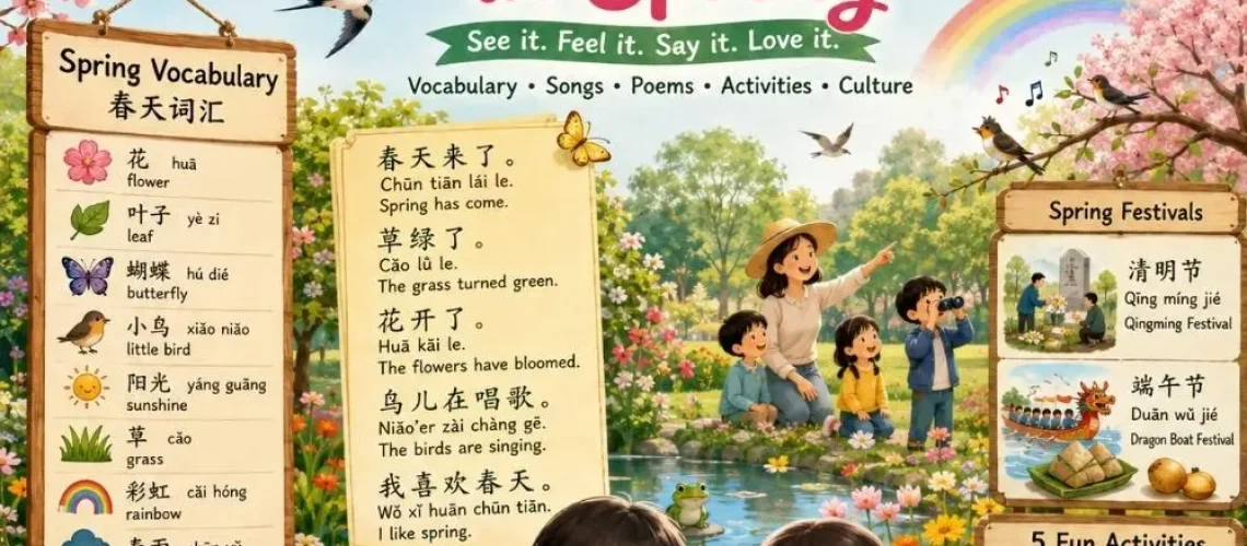 Learn Chinese in spring with this complete guide: vocabulary, songs, poems, reading, gardening, Easter and printable resources for kids.