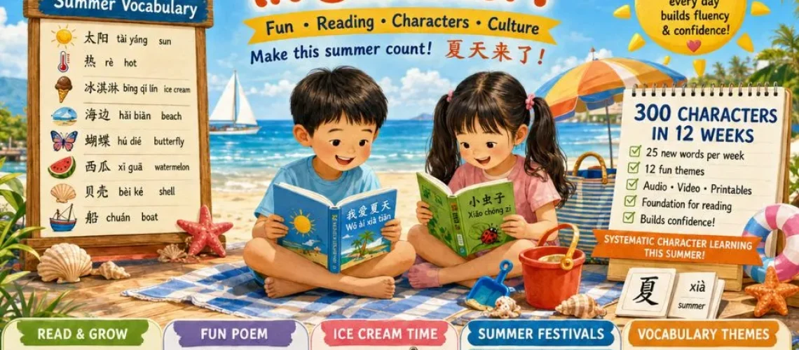 Learn Chinese in summer: vocabulary, summer poems, reading, activities ... and how to build Chinese characters for kids.