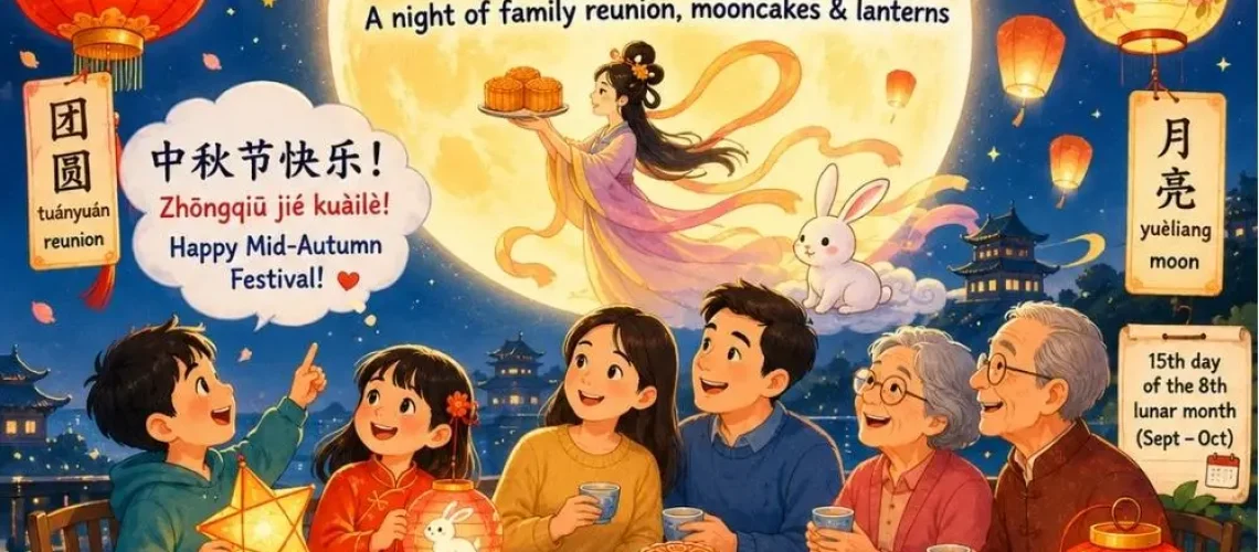 Mid-Autumn Festival (中秋节 Zhōngqiū jié) is a Chinese harvest festival on the 15th day of the 8th lunar month — a night of family reunion, moon-gazing, mooncakes, and lanterns that children in overseas Chinese families can celebrate and learn from wherever they live.