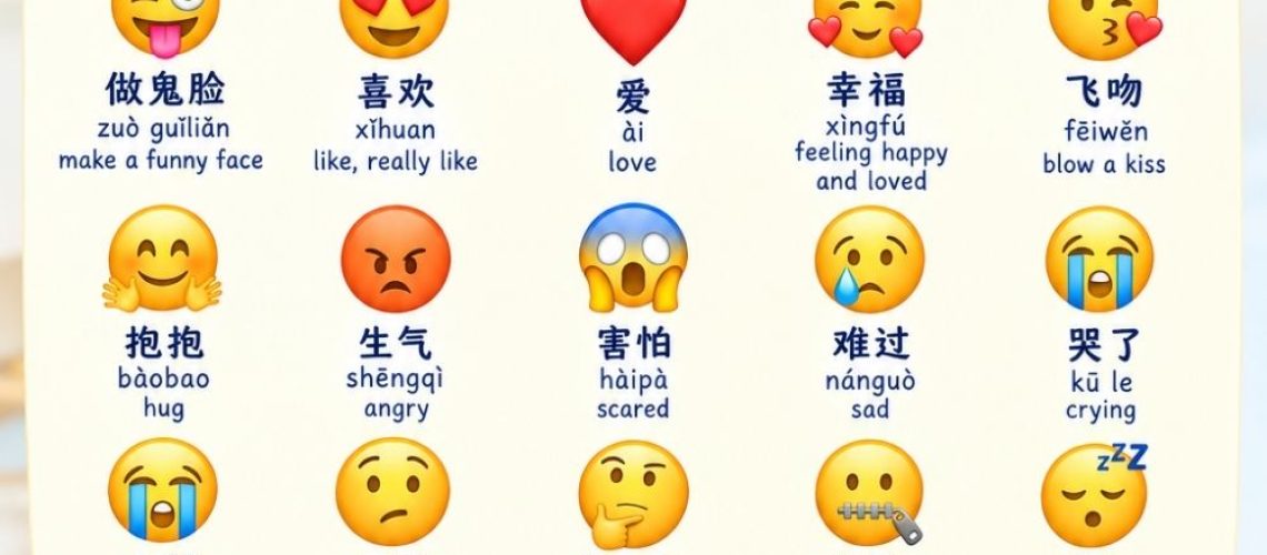Learn what common emojis mean in Chinese, with simple words, pinyin and easy sentences. Includes 哈哈, 呵呵, 表情包 and tips for kids.