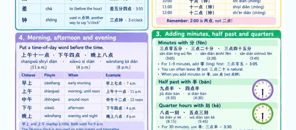 Learning about time (时间) is essential for everyday interactions and scheduling. This article helps you telling time in Chinese.
