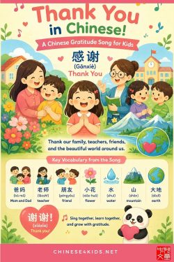 "Learn this Chinese children's song about gratitude (感谢). Perfect for teaching young learners vocabulary, pronunciation, and cultural values. Includes full lyrics with pinyin, vocabulary tables, teaching activities, and classroom ideas. #Thankyousong #Chinese4kids #Chinesechildrenssong #Chinesesong #MandarinChinese #LearnChinese #Chineselearning #singChinesesong