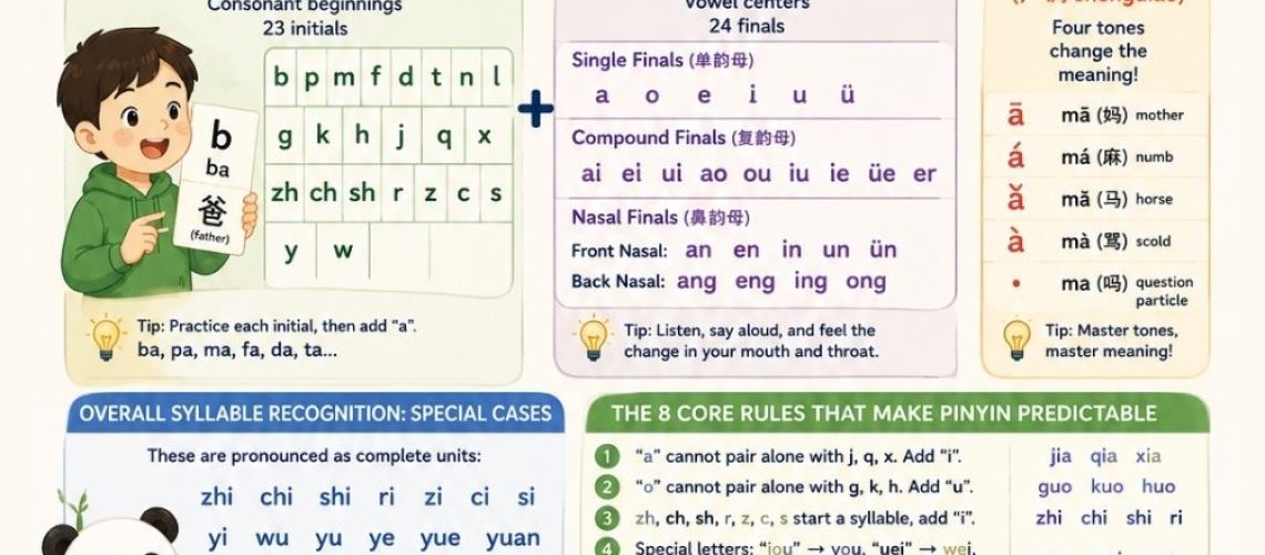 Master the pinyin system: initials, finals, tones & the 8 core rules. Includes study tips for learners and teaching ideas for classrooms.