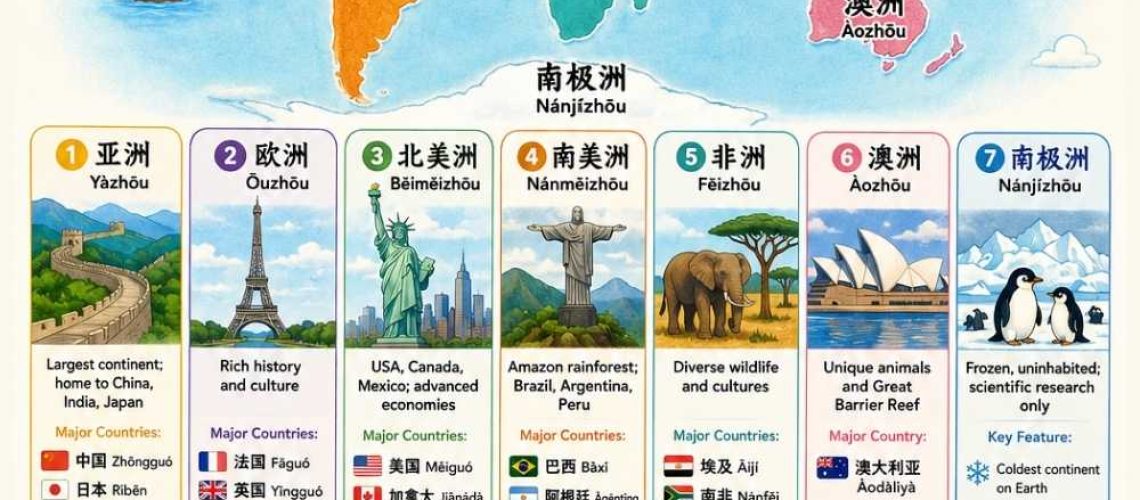 Master the 7 continents in Chinese with pinyin, major countries, and learning activities. Includes geography vocabulary, pronunciation guides, and teaching tips for parents and teachers.