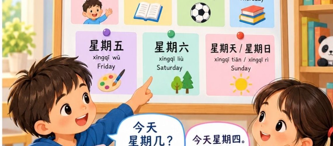 Learn the days of the week in Chinese, Monday to Sunday, with pinyin, example sentences, how to count weeks, and games for kids and beginners.