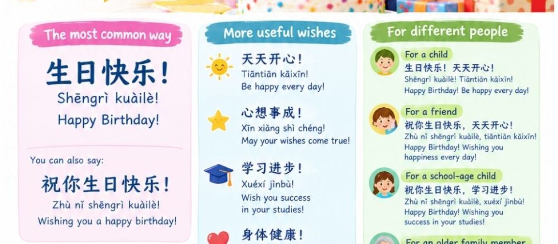 Learn how to say Happy Birthday in Chinese, useful birthday wishes, the Chinese birthday song, traditions and examples for kids & beginners.