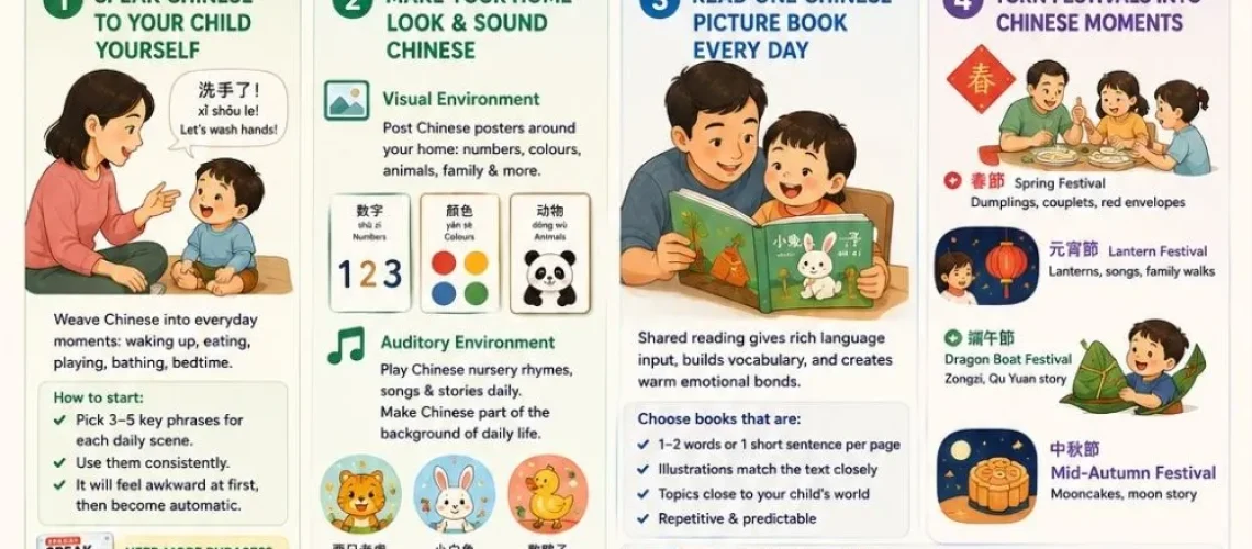 A practical guide for overseas parents on teaching toddlers (ages 1–3) Chinese at home — no fluency required. 4 pillars + a free phrase pack.