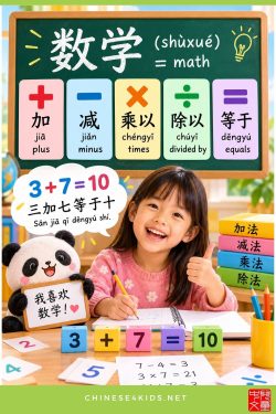 Math in Chinese for kids: 加, 减, 乘以, 除以 and 等于