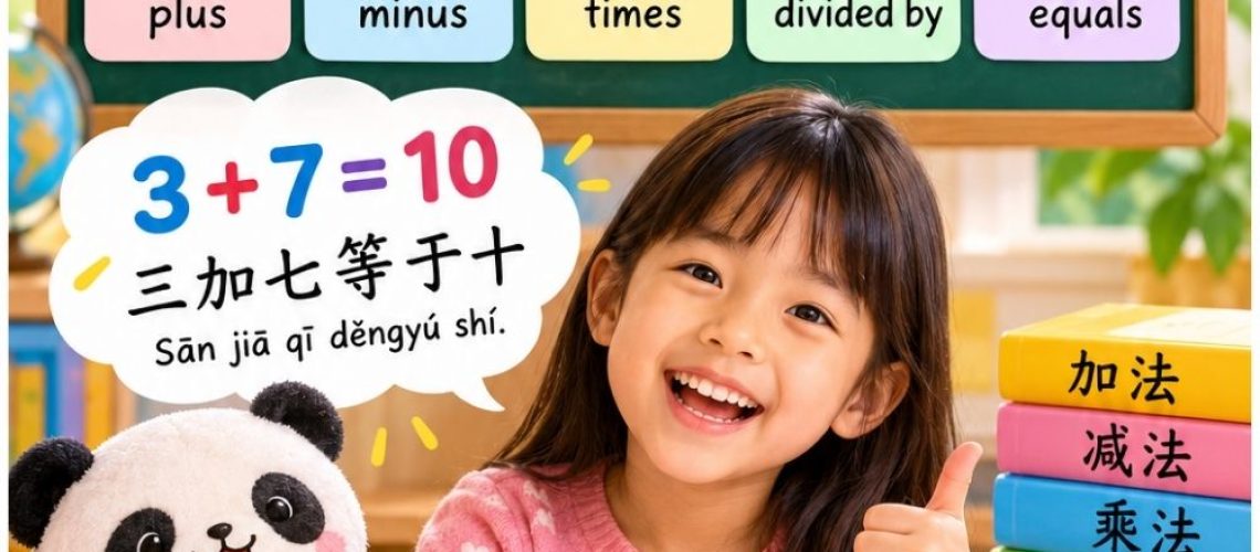 Math in Chinese for kids: 加, 减, 乘以, 除以 and 等于