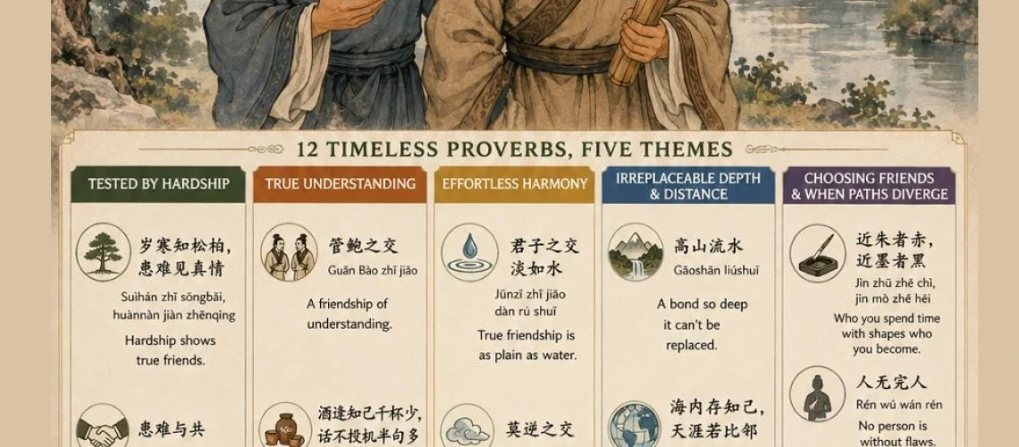 12 Chinese proverbs on friendship, explained in English with pinyin, meaning, and practical ways to teach kids about being a good friend.