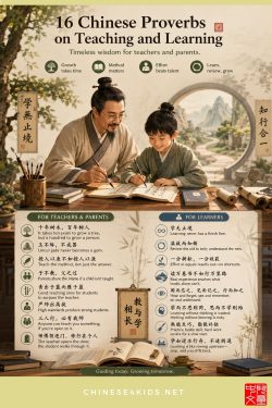 16 Chinese proverbs on teaching and learning, explained in plain English with pinyin, meaning, and practical tips for parents and teachers.