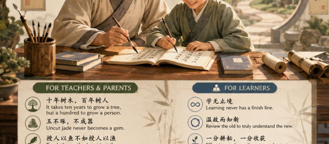 16 Chinese proverbs on teaching and learning, explained in plain English with pinyin, meaning, and practical tips for parents and teachers.