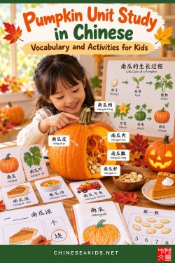 Learn pumpkin words in Chinese with pinyin, measure words, simple sentences, and easy activities. A pumpkin unit study for kids.