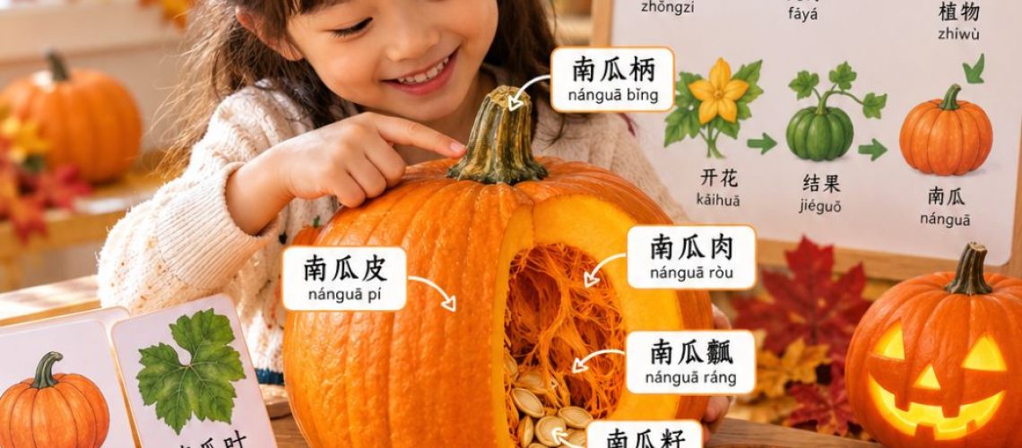 Learn pumpkin words in Chinese with pinyin, measure words, simple sentences, and easy activities. A pumpkin unit study for kids.