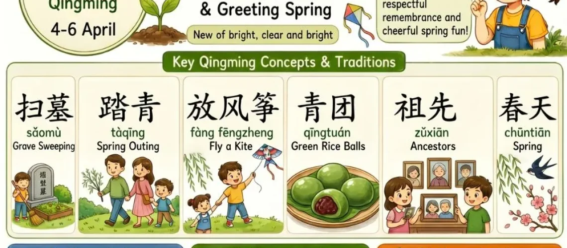 Qingming Festival (清明节) is one of China's most meaningful holidays. Learn what it is, key phrases, and fun learning activities for kids.