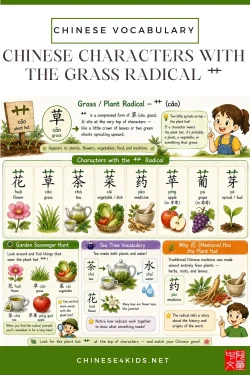 Learn Chinese characters with the grass radical 艹— plants, flowers, vegetables, and medicine, with a garden scavenger hunt activity for kids.
