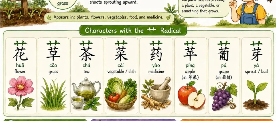 Learn Chinese characters with the grass radical 艹— plants, flowers, vegetables, and medicine, with a garden scavenger hunt activity for kids.