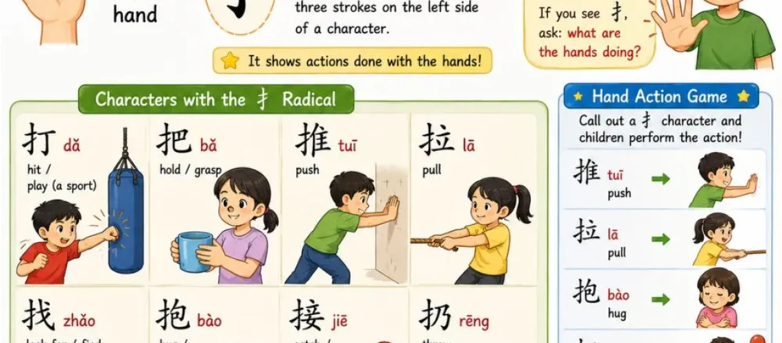 Learn Chinese characters with the hand radical 扌— action verbs like push, pull, hug, and throw, with a fun movement game for kids.