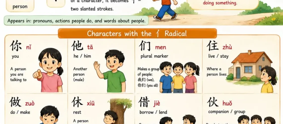 Learn Chinese characters with the person radical 亻— including you, he, and other high-frequency words, with simple activities for kids.