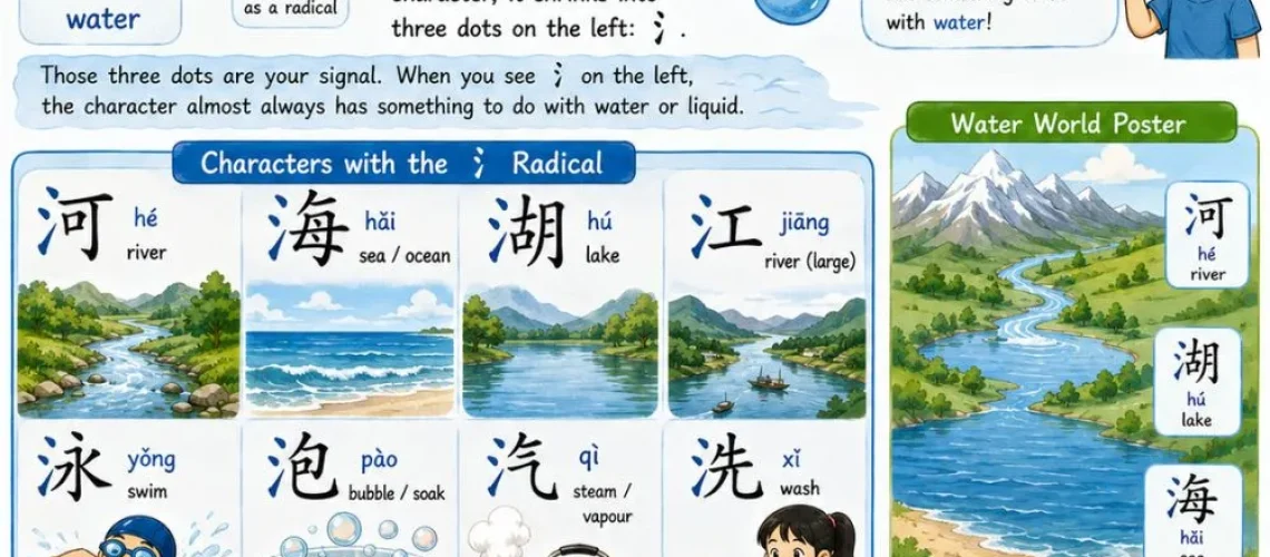 Learn the Chinese water radical 氵with 8 common characters, pinyin, and fun water play activities for kids at home or in the classroom.