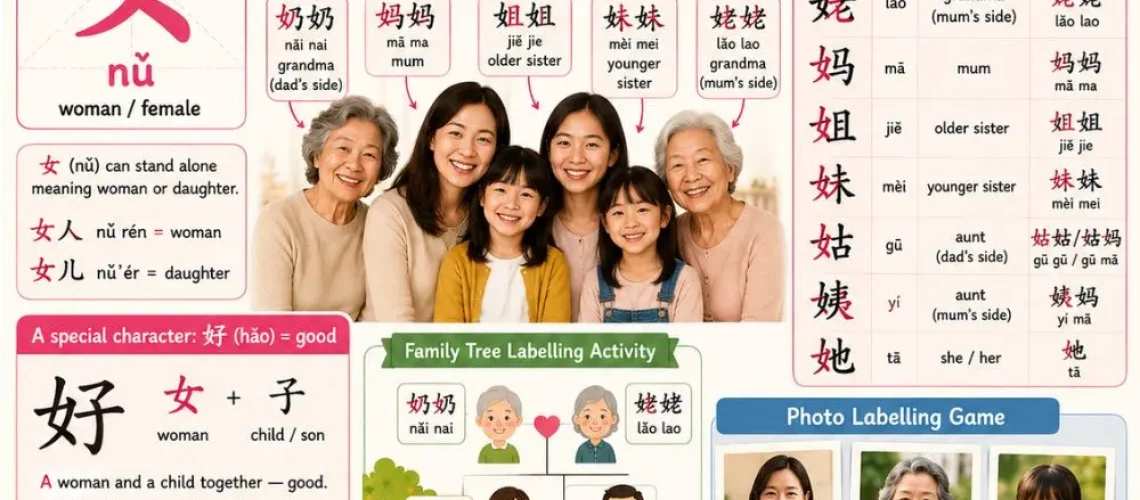 Learn Chinese characters with the woman radical 女 — family words like mum, sister, and grandma, the story behind 好 (good) and fun activities.