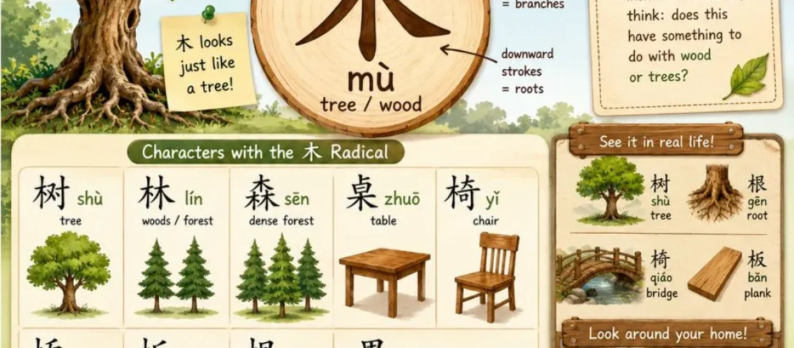 Discover Chinese characters with the tree radical 木 — 8 common words including trees, furniture, and forest, with a fun nature walk activity for kids.