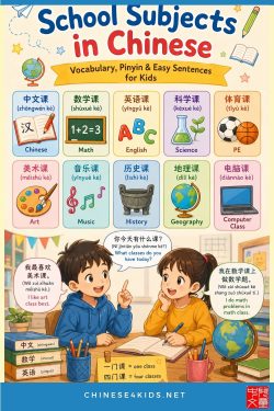 School subjects in Chinese including math, English, and science vocabulary with pinyin pronunciation guide #Chinese4kids #Chinesenames #schoolsubjects #Chineseschoolsubjects
