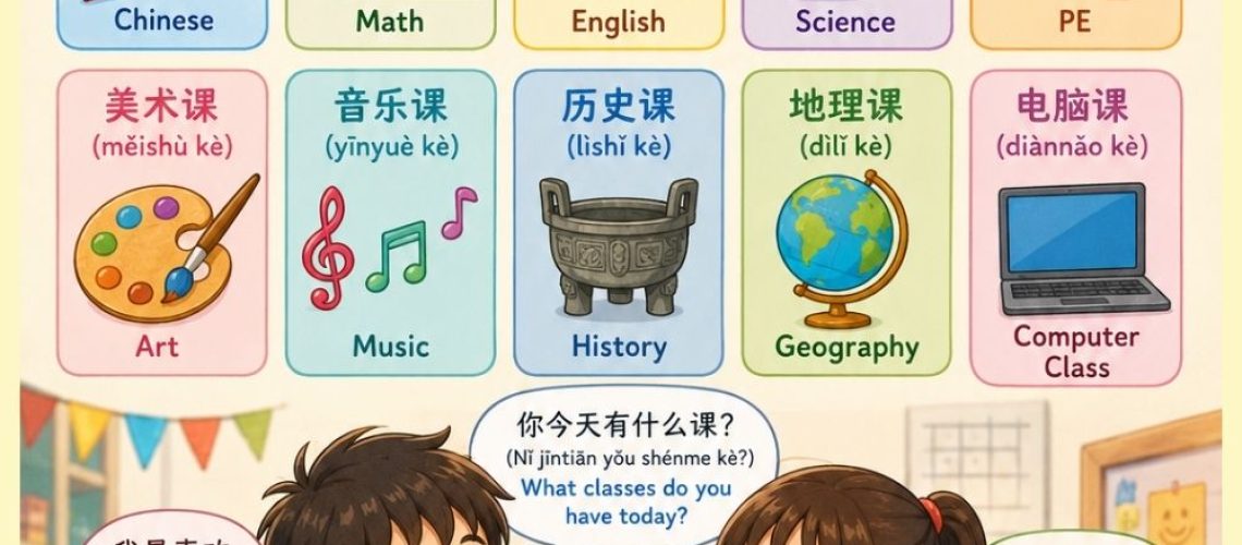 School subjects in Chinese including math, English, and science vocabulary with pinyin pronunciation guide #Chinese4kids #Chinesenames #schoolsubjects #Chineseschoolsubjects