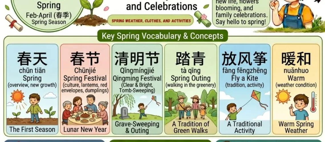 Learn how to say spring in Chinese — 春天 (chūn tiān). Discover spring vocabulary, weather words, activities, and Chinese New Year connections.