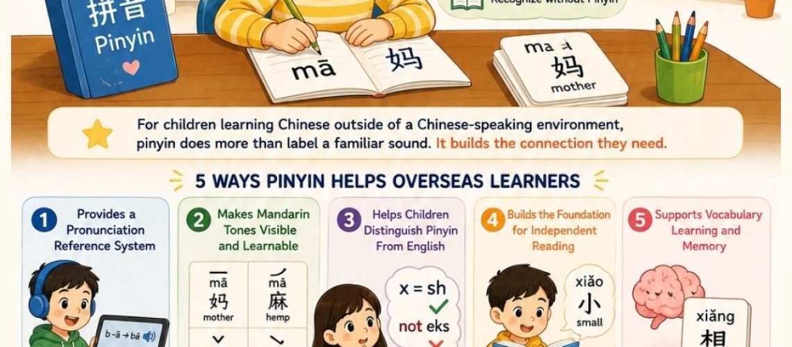 Why is Pinyin important for kids learning Chinese abroad? Learn how Pinyin supports pronunciation, tones, vocabulary, independent learning, and early reading.